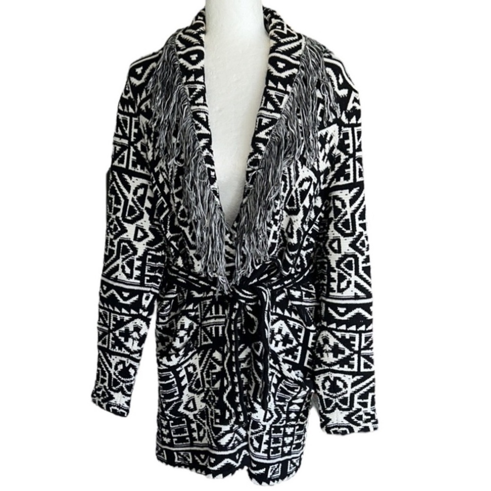 Foxcroft Black White Geometric Aztec Fringe Collar Belted Long Wrap Cardigan - L